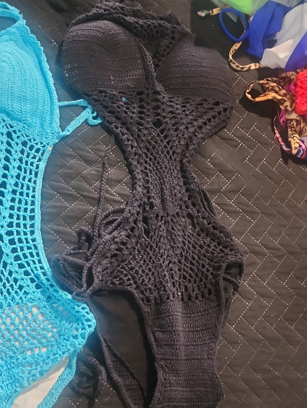 4 Pc Crochet One-Piece Swimsuit in Black and Blue - Stylish Cover-Up - Picture 6 of 10